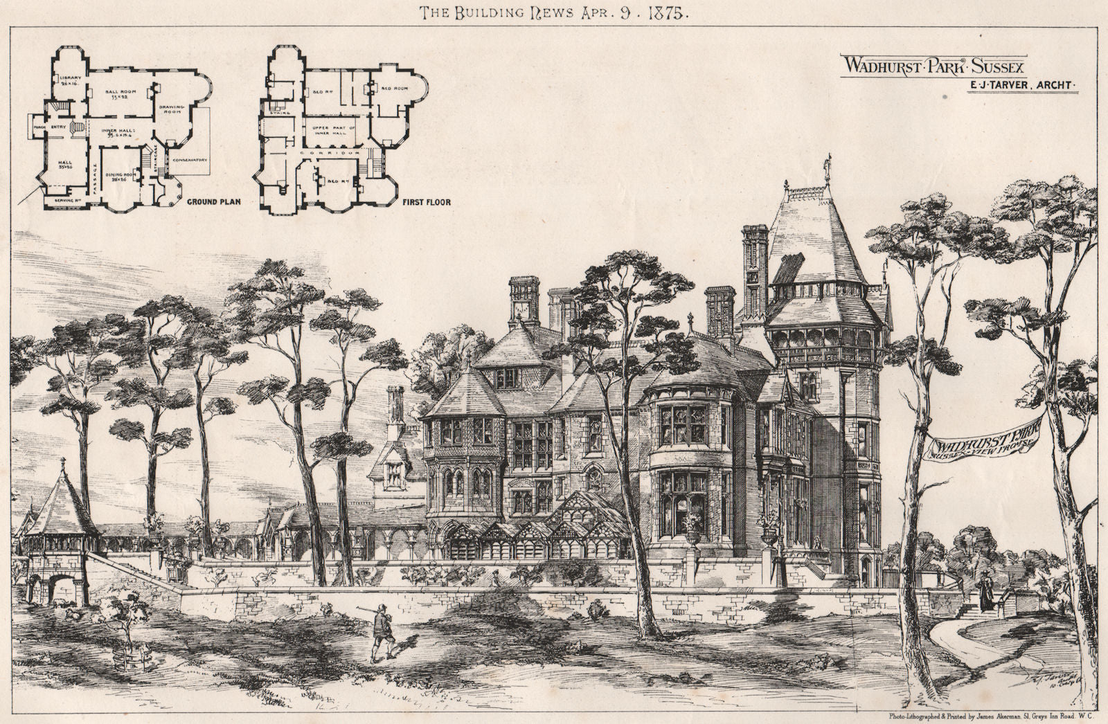 Wadhurst Park, Sussex; E.J. Tarver, Architect 1875 old antique print picture